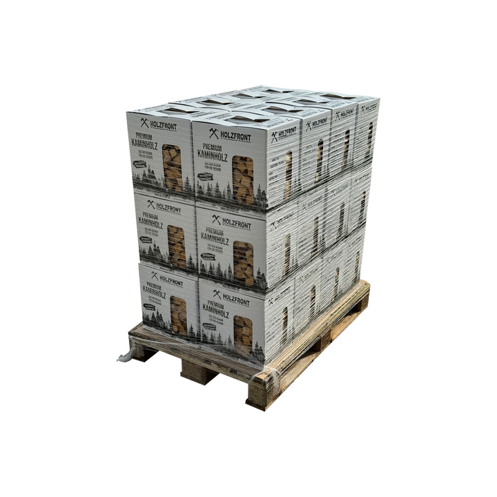 Pizzaofenholz im Karton auf Palette